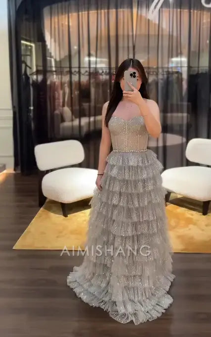 Aimishang Charming A Line Sweetheart Layered Long Formal Prom Dress Sparkly Sleeveless Evening Party Gowns Sexy Birthday Outfits With Slit
