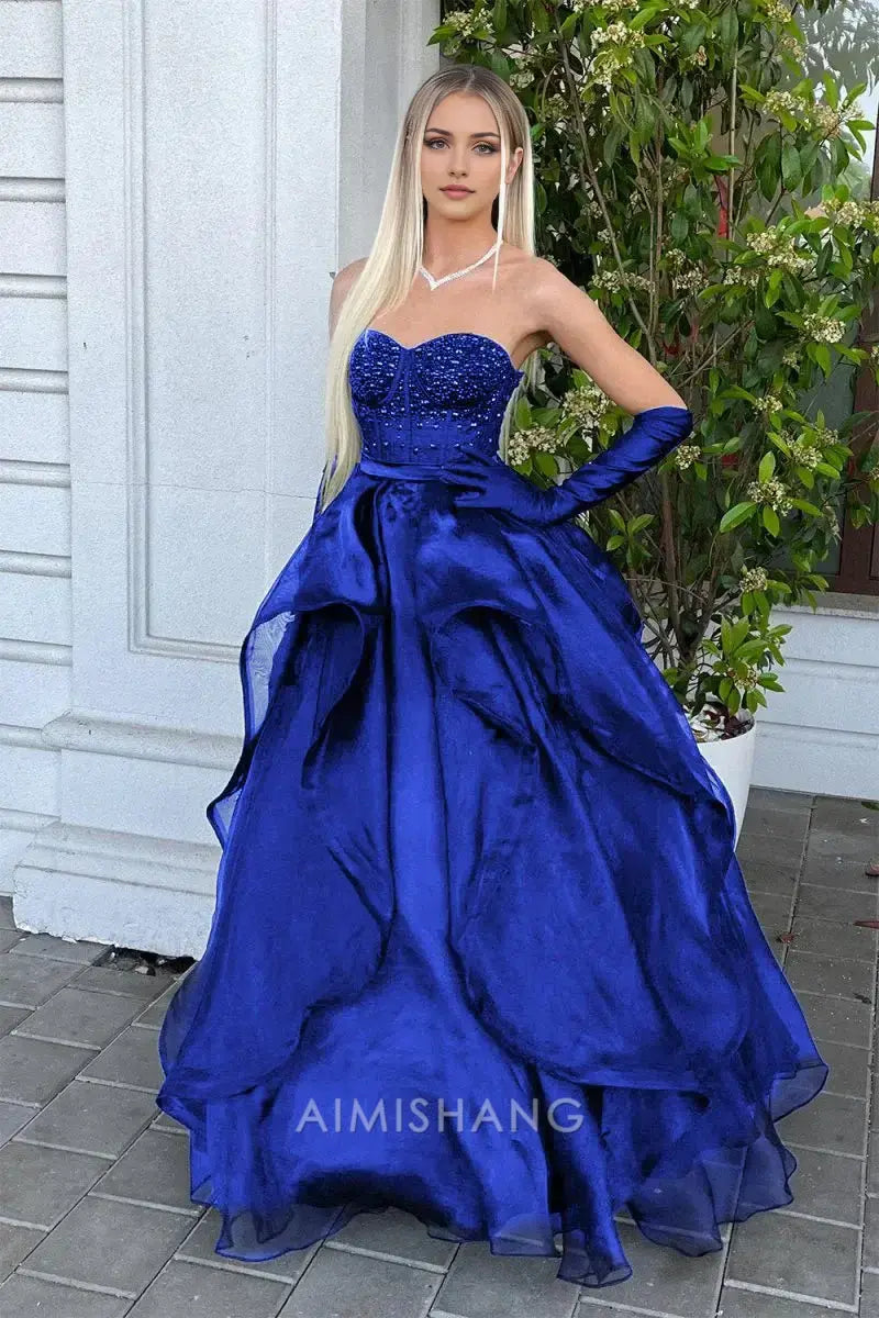 Aimishang Charming Sweetheart Strapless Sleeveless Long Formal Prom Dress Sexy Evening Gowns Gorgeous Birthday Party Dress No With Gloves