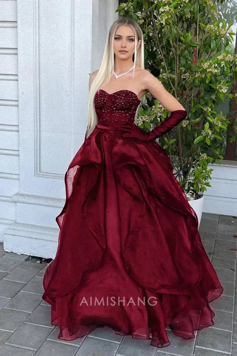 Aimishang Charming Sweetheart Strapless Sleeveless Long Formal Prom Dress Sexy Evening Gowns Gorgeous Birthday Party Dress No With Gloves