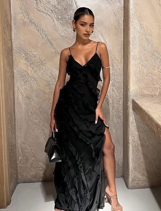Aimishang Charming A Line V-neck Black Ruffle Sleeveless Long Party Evening Gown Chic Formal Prom Dress for Women With Slit