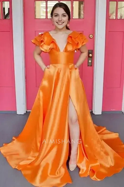 Aimishang Charming A Line V-neck Ruffle Satin Long Formal Prom Dress With Slit Sexy Party Evening Gowns Sweet Graduation Dress