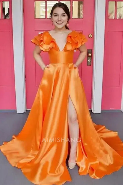 Aimishang Charming A Line V-neck Ruffle Satin Long Formal Prom Dress With Slit Sexy Party Evening Gowns Sweet Graduation Dress
