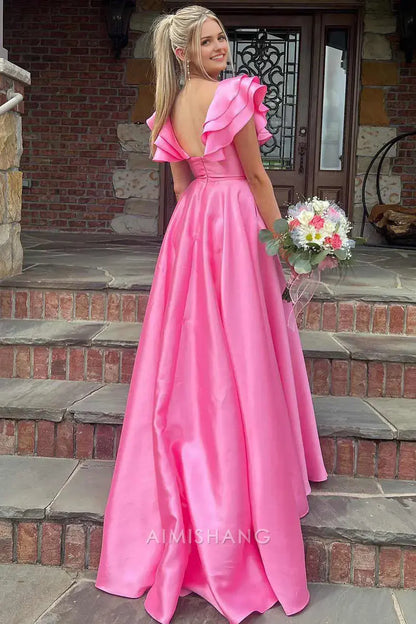 Aimishang Charming A Line V-neck Ruffle Satin Long Formal Prom Dress With Slit Sexy Party Evening Gowns Sweet Graduation Dress