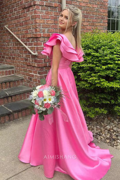 Aimishang Charming A Line V-neck Ruffle Satin Long Formal Prom Dress With Slit Sexy Party Evening Gowns Sweet Graduation Dress