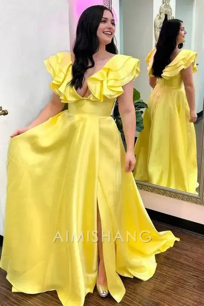 Aimishang Charming A Line V-neck Ruffle Satin Long Formal Prom Dress With Slit Sexy Party Evening Gowns Sweet Graduation Dress