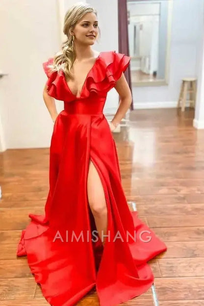 Aimishang Charming A Line V-neck Ruffle Satin Long Formal Prom Dress With Slit Sexy Party Evening Gowns Sweet Graduation Dress