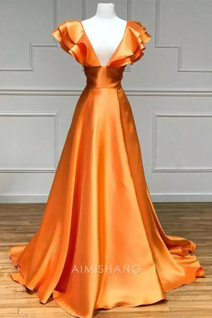Aimishang Charming A Line V-neck Ruffle Satin Long Formal Prom Dress With Slit Sexy Party Evening Gowns Sweet Graduation Dress