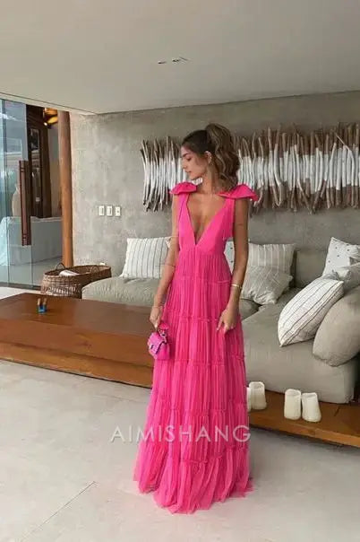 Aimishang Charming A Line V-neck Sleeveless Long Formal Prom Dress With Bow(s) Elegant Party Evening Gowns Sweet Wedding Guest Dress