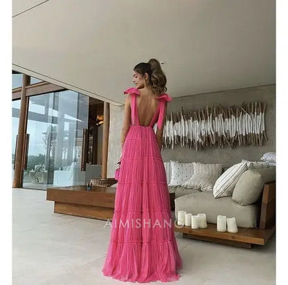Aimishang Charming A Line V-neck Sleeveless Long Formal Prom Dress With Bow(s) Elegant Party Evening Gowns Sweet Wedding Guest Dress