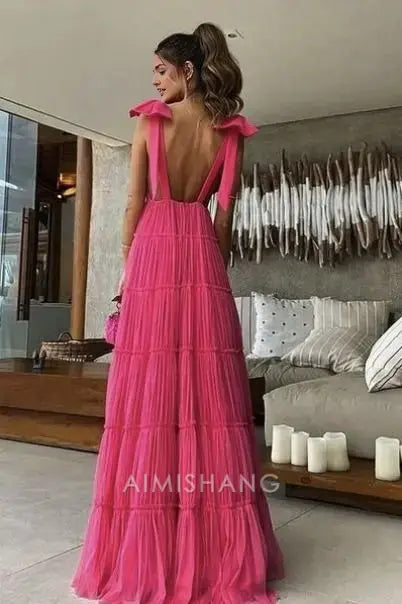Aimishang Charming A Line V-neck Sleeveless Long Formal Prom Dress With Bow(s) Elegant Party Evening Gowns Sweet Wedding Guest Dress