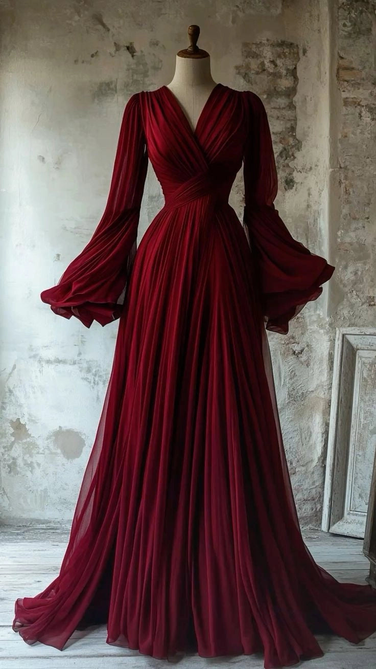 Aimishang Charming A Line V Neck Long Sleeves Pleated Party Evening Gown Elegant Wedding Guest Dress for Women