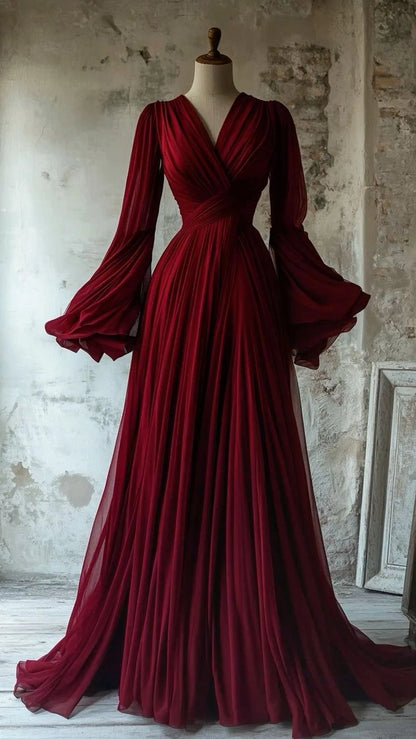 Aimishang Charming A Line V Neck Long Sleeves Pleated Party Evening Gown Elegant Wedding Guest Dress for Women