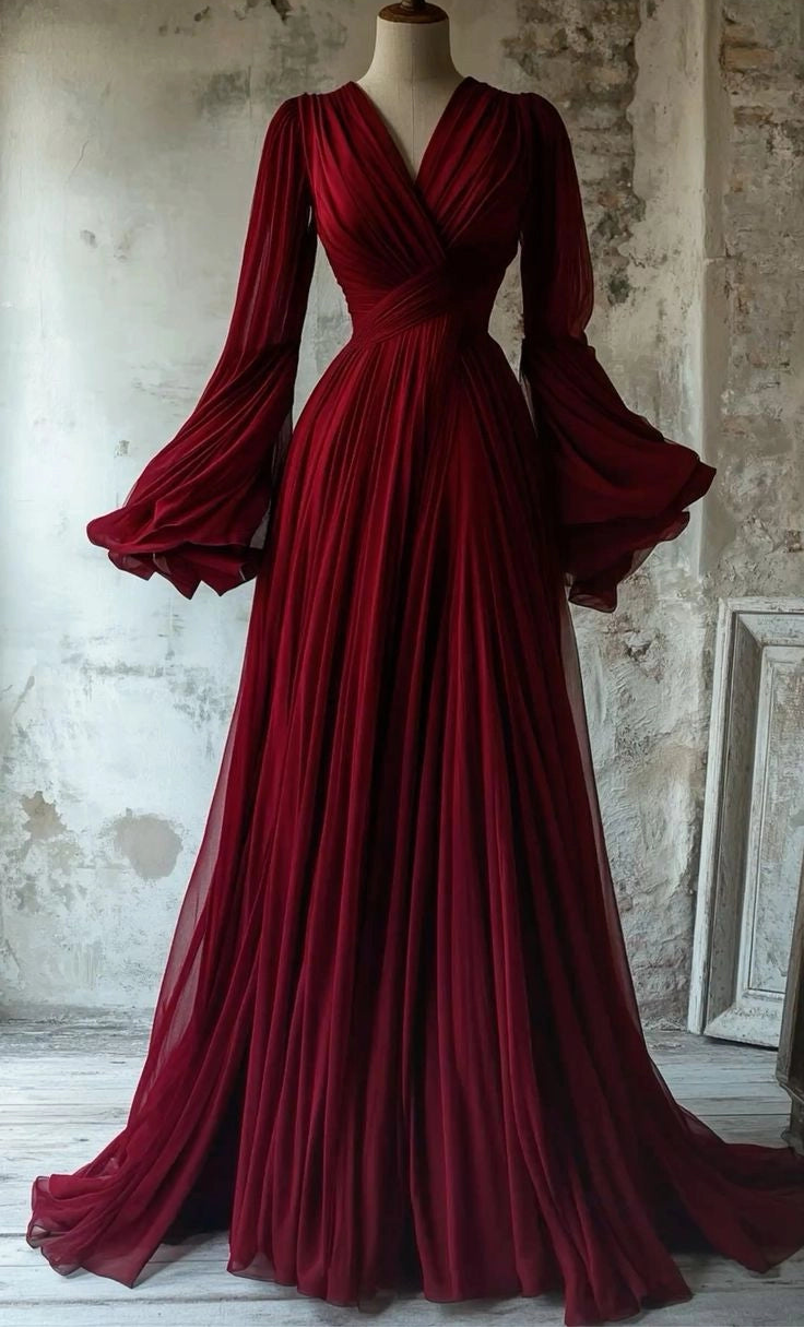 Aimishang Charming A Line V Neck Long Sleeves Pleated Party Evening Gown Elegant Wedding Guest Dress for Women