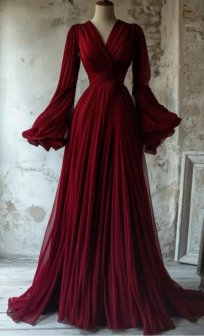 Aimishang Charming A Line V Neck Long Sleeves Pleated Party Evening Gown Elegant Wedding Guest Dress for Women