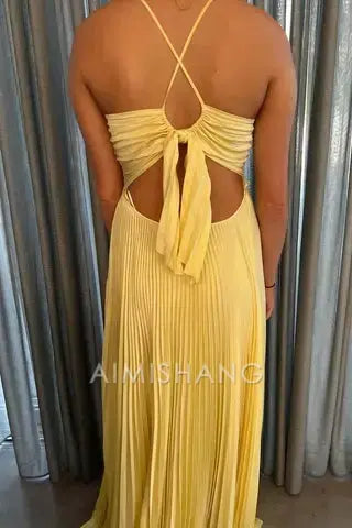 Aimishang Charming A Line V Neck Sleeveless Pleated Long Formal Prom Dress Fashion Evening Party Dress