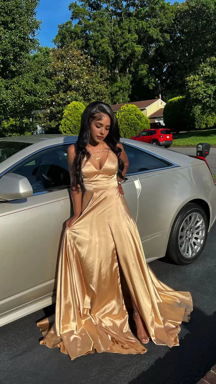 Aimishang Charming A Line V Neck Sleeveless Satin Party Evening Gown Classy Long Formal Prom Dress With Slit