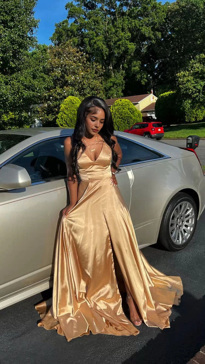 Aimishang Charming A Line V Neck Sleeveless Satin Party Evening Gown Classy Long Formal Prom Dress With Slit