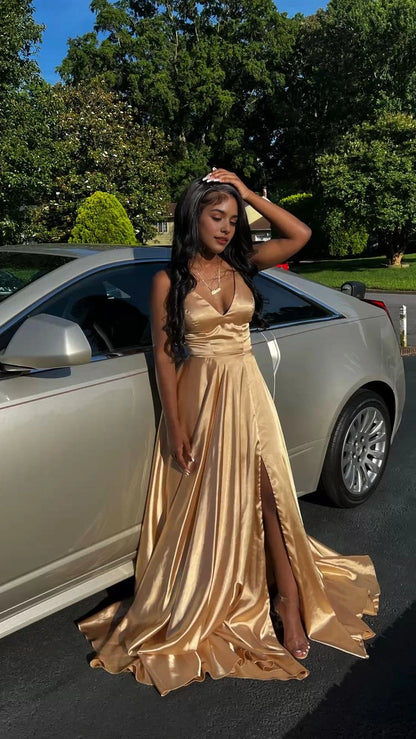 Aimishang Charming A Line V Neck Sleeveless Satin Party Evening Gown Classy Long Formal Prom Dress With Slit