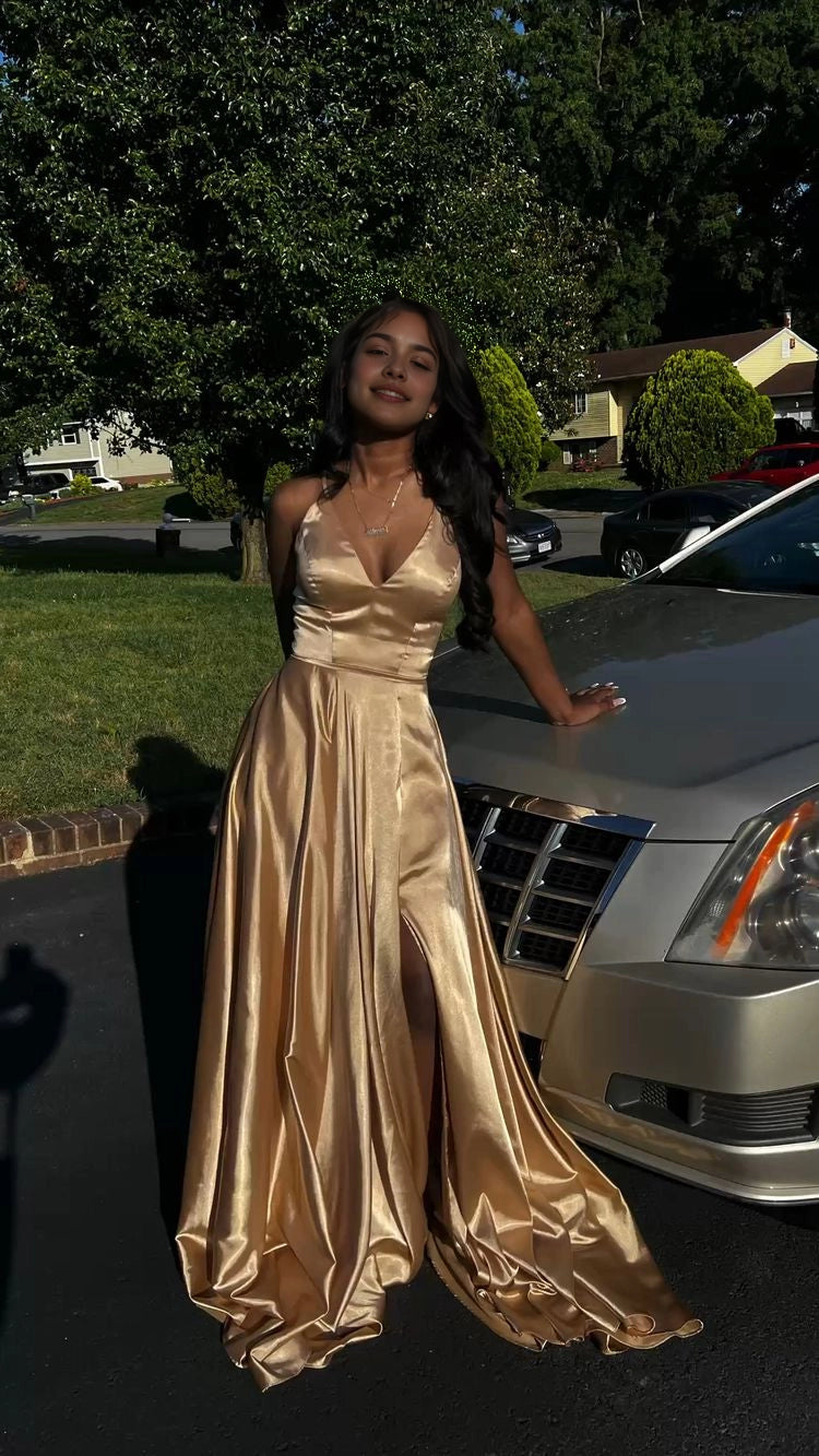 Aimishang Charming A Line V Neck Sleeveless Satin Party Evening Gown Classy Long Formal Prom Dress With Slit