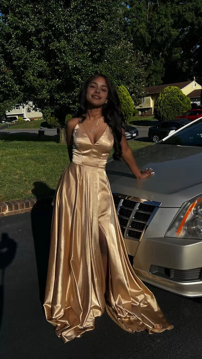 Aimishang Charming A Line V Neck Sleeveless Satin Party Evening Gown Classy Long Formal Prom Dress With Slit