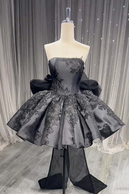 Aimishang Charming Black A Line Strapless Short Party Prom Dress Chic Graduation Homecoming Dress with Appliques