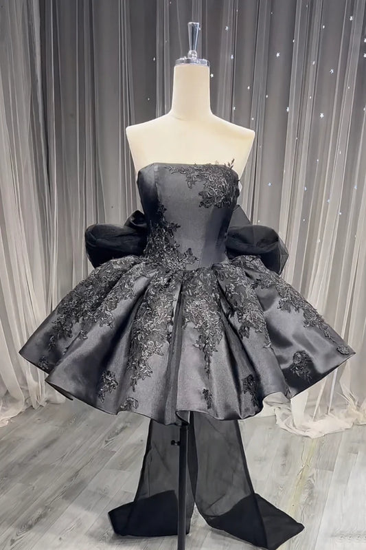 Aimishang Charming Black A Line Strapless Short Party Prom Dress Chic Graduation Homecoming Dress with Appliques