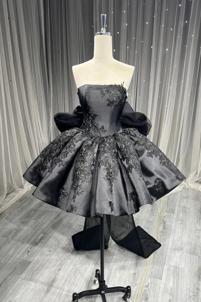 Aimishang Charming Black A Line Strapless Short Party Prom Dress Chic Graduation Homecoming Dress with Appliques