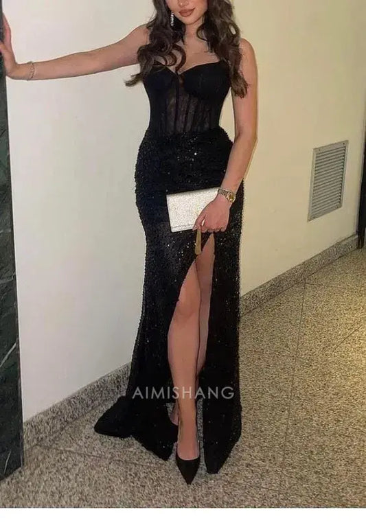 Aimishang Charming Black Mermaid Sleeveless Long Prom Dress Fashion Formal Evening Party Dress With Slit