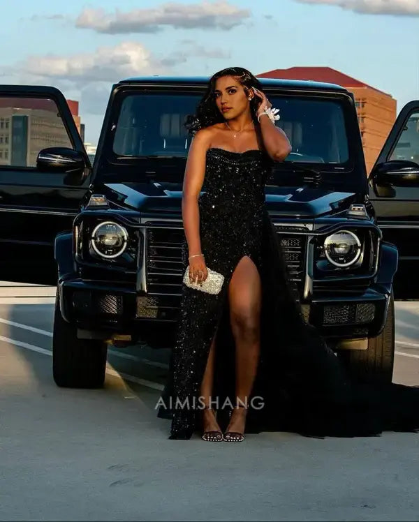 Aimishang Charming Black Strapless Sleeveless Sequin Long Prom Dress With Slit Sexy Party Evening Gowns Fashion Formal Dress
