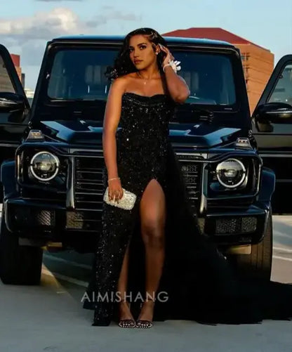Aimishang Charming Black Strapless Sleeveless Sequin Long Prom Dress With Slit Sexy Party Evening Gowns Fashion Formal Dress