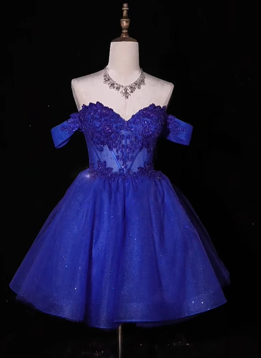 Aimishang Charming Blue Off the Shoulder Sweetheart A Line Short Homecoming Dress with Appliques