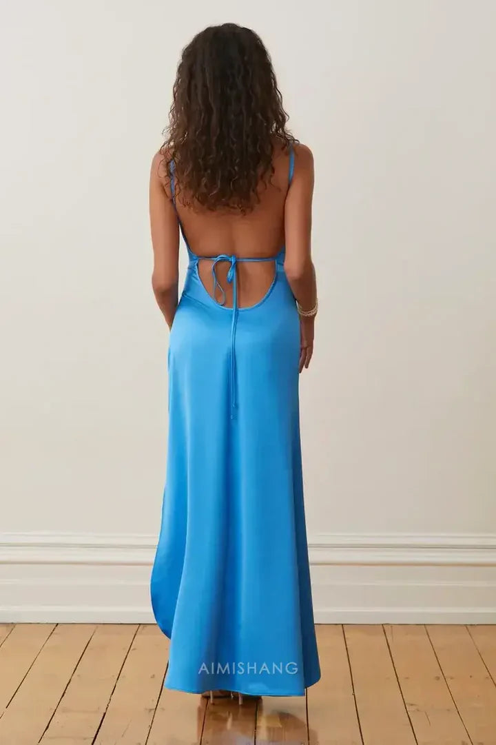 Aimishang Charming Blue V-Neck Sleeveless Backless Long Prom Dress With Slit Simple Party Dress Elegant Evening Gown