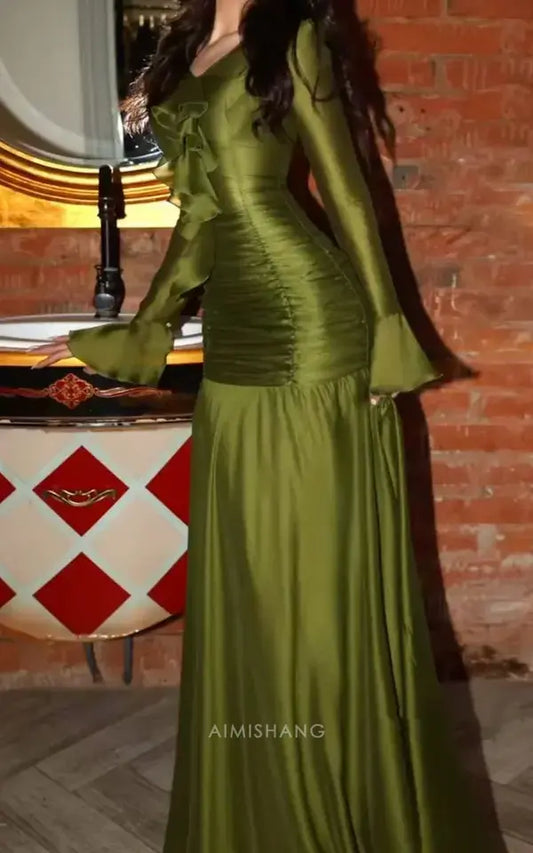 Aimishang Charming Green V Neck Long Sleeves Pleated Party Evening Gown Chic Wedding Guest Dress Elegant Long Prom Dress