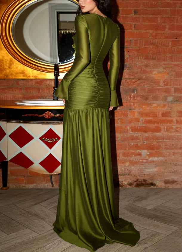 Aimishang Charming Green V Neck Long Sleeves Pleated Party Evening Gown Chic Wedding Guest Dress Elegant Long Prom Dress