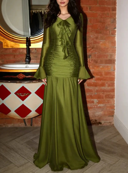 Aimishang Charming Green V Neck Long Sleeves Pleated Party Evening Gown Chic Wedding Guest Dress Elegant Long Prom Dress