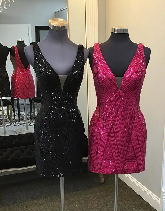Aimishang Charming Homecoming Dress Glitter V-Neck Sleeveless Tight Sequins Short Prom Dress