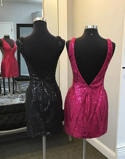 Aimishang Charming Homecoming Dress Glitter V-Neck Sleeveless Tight Sequins Short Prom Dress