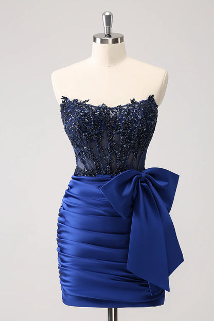 Aimishang Charming Homecoming Dress Peacock Tight Strapless Corset Pleated Beaded Short Prom Dress with Bowknot