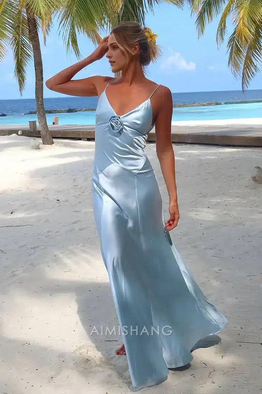 Aimishang Charming Light Blue Sheath V Neck Sleeveless Backless Satin Long Formal Prom Dresses With Flower Pretty Graduation Dress Elegant Party Evening Gowns
