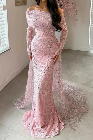 Aimishang Charming Mermaid Off-Shoulder Long Sleeves Evening Gown Fashion Birthday Party Dress Sparkly Long Prom Dress