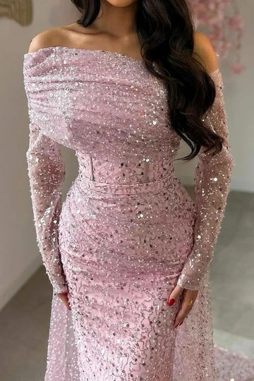 Aimishang Charming Mermaid Off-Shoulder Long Sleeves Evening Gown Fashion Birthday Party Dress Sparkly Long Prom Dress