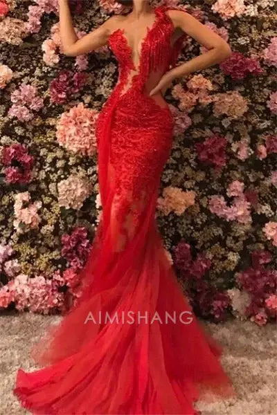 Aimishang Charming Mermaid Sleeveless Long Formal Prom Dress Sexy Evening Party Dress with Appliques