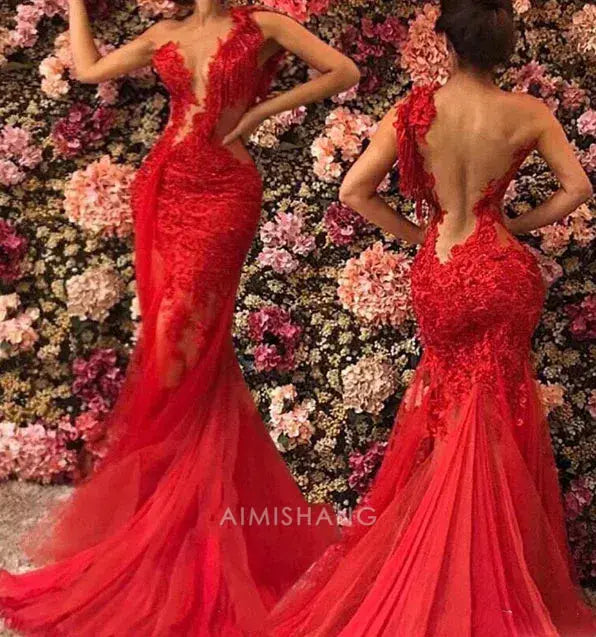 Aimishang Charming Mermaid Sleeveless Long Formal Prom Dress Sexy Evening Party Dress with Appliques