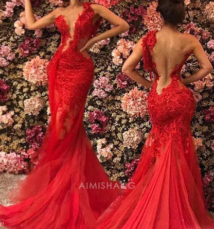 Aimishang Charming Mermaid Sleeveless Long Formal Prom Dress Sexy Evening Party Dress with Appliques