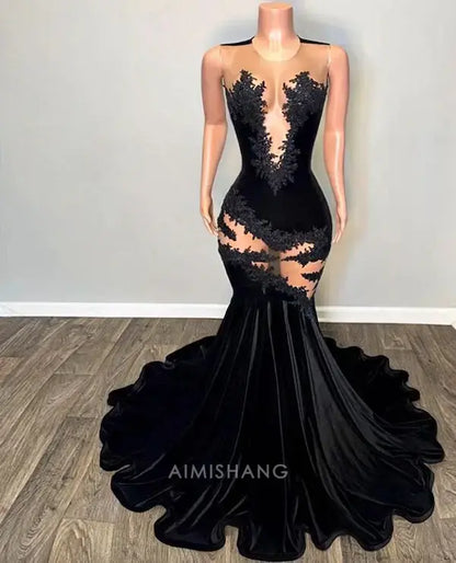 Aimishang Black Mermaid Sleeveless Long Formal Prom Dress with Appliques Sexy Party Evening Gowns Charming Graduation Dress No With Gloves