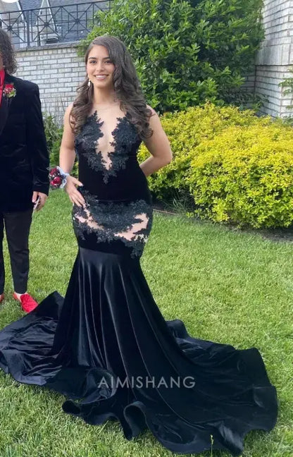 Aimishang Mermaid Black Sleeveless Long Formal Prom Dress with Appliques Sexy Party Evening Gowns Charming Graduation Dress No With Gloves