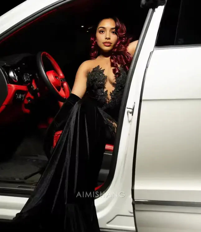 Aimishang Mermaid Black Sleeveless Long Formal Prom Dress with Appliques Sexy Party Evening Gowns Charming Graduation Dress No With Gloves