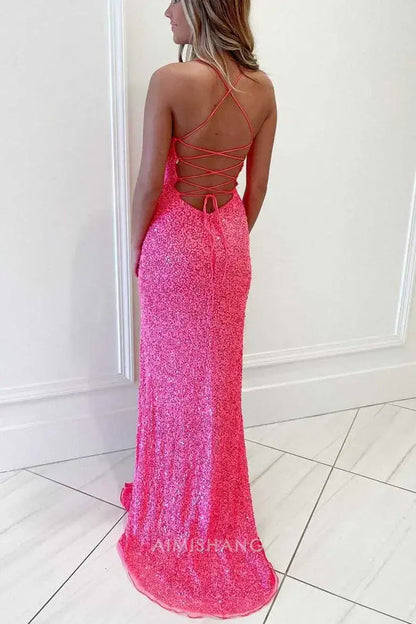 Aimishang Charming Mermaid Sleeveless Sequins Long Formal Prom Dress Sparkly Evening Party Dress With Slit