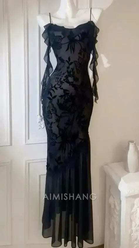 Aimishang Charming Mermaid Spaghetti Straps Ruffle Sleeveless Long Formal Prom Dress Elegant Evening Gown Sexy Party Dress