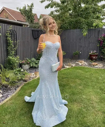 Aimishang Charming Mermaid Spaghetti Straps Sleeveless Long Formal Prom Dress Sexy Evening Party Dress Light Blue Sweet Graduation Dress